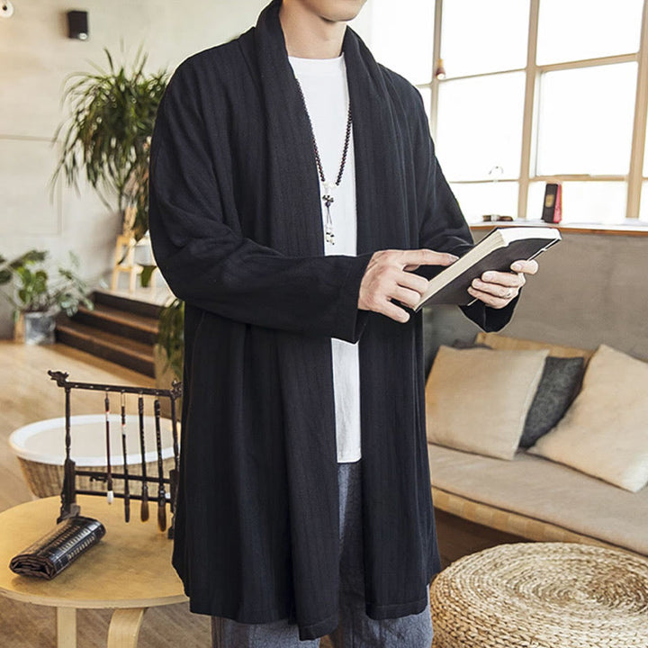 Buddha Stones Fall Simple Casual Loose Plain Linen Blend Men's Mid-length Coat Clothing - image 13