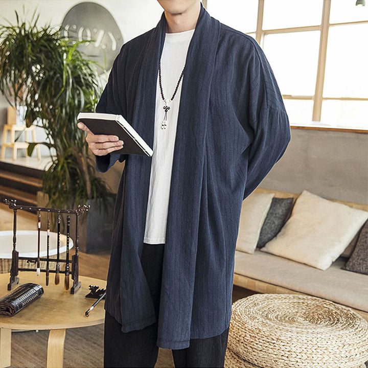 Buddha Stones Fall Simple Casual Loose Plain Linen Blend Men's Mid-length Coat Clothing