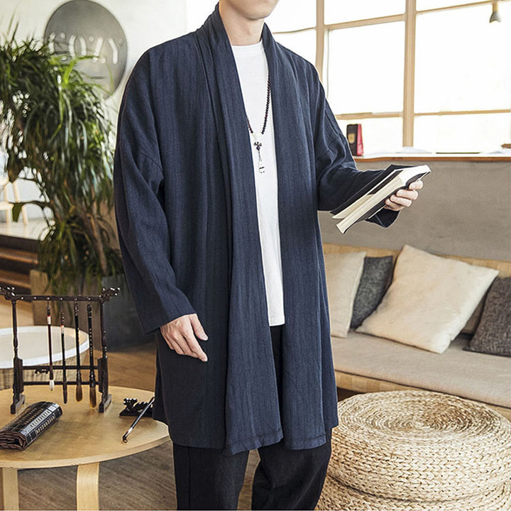 Buddha Stones Fall Simple Casual Loose Plain Linen Blend Men's Mid-length Coat Clothing