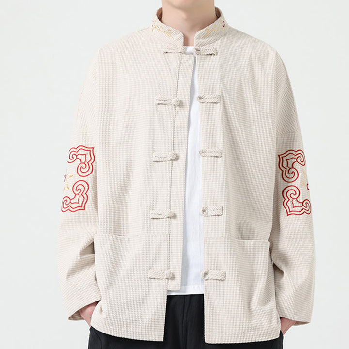 Buddha Stones Men's Frog-button Tang Suit Symmetrical Embroidery Cotton Corduroy Jacket Shirt With Pockets - Beige - US/UK/AU46，EU56 (5XL) - image 10