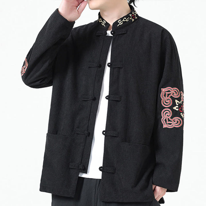 Buddha Stones Men's Frog-button Tang Suit Symmetrical Embroidery Cotton Corduroy Jacket Shirt With Pockets