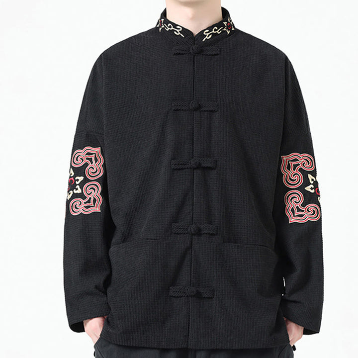 Buddha Stones Men's Frog-button Tang Suit Symmetrical Embroidery Cotton Corduroy Jacket Shirt With Pockets - image 3