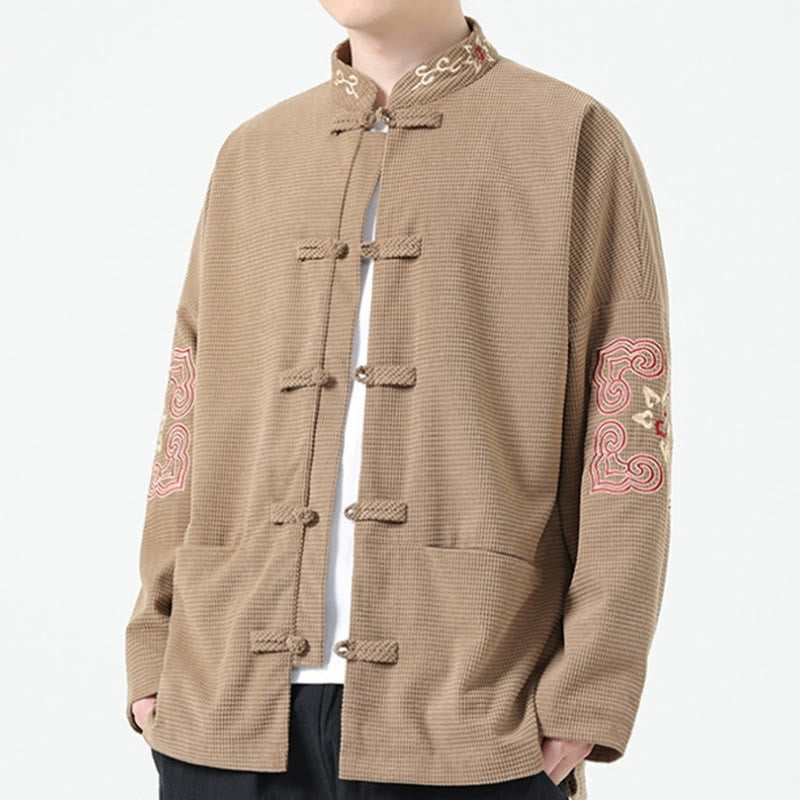 Buddha Stones Men's Frog-button Tang Suit Symmetrical Embroidery Cotton Corduroy Jacket Shirt With Pockets