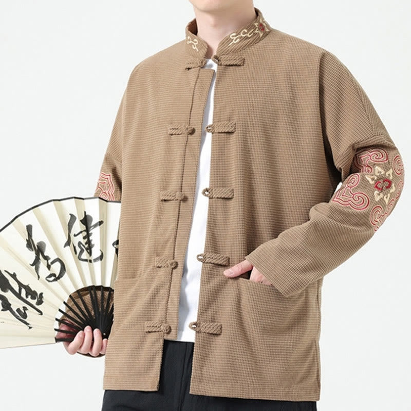 Buddha Stones Men's Frog-button Tang Suit Symmetrical Embroidery Cotton Corduroy Jacket Shirt With Pockets