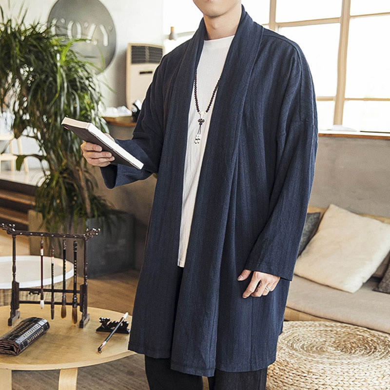 Buddha Stones Fall Simple Casual Loose Plain Linen Blend Men's Mid-length Coat Clothing