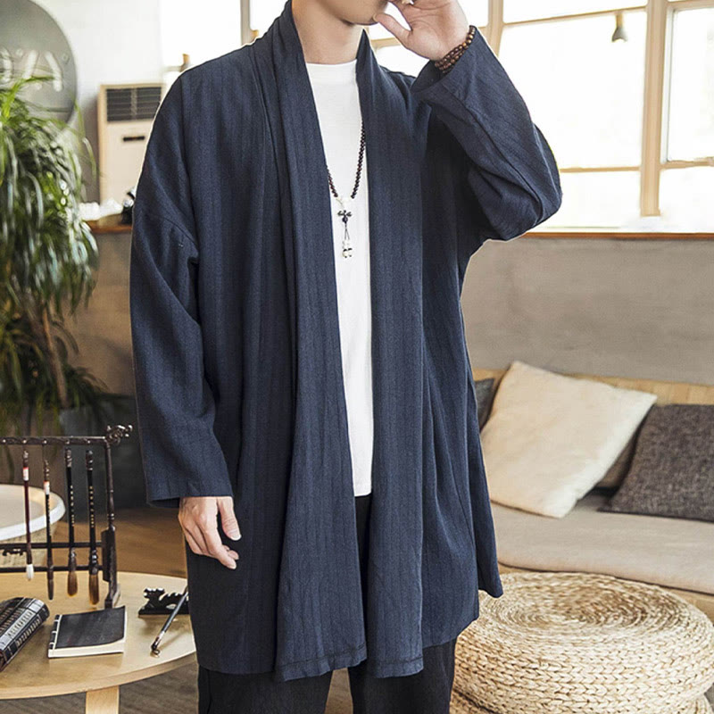Buddha Stones Fall Simple Casual Loose Plain Linen Blend Men's Mid-length Coat Clothing - image 21