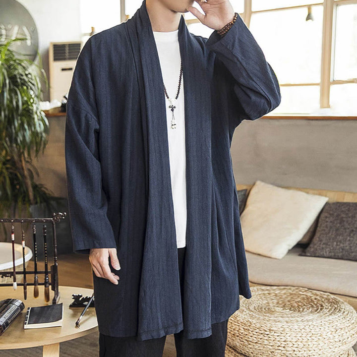 Buddha Stones Fall Simple Casual Loose Plain Linen Blend Men's Mid-length Coat Clothing - image 21