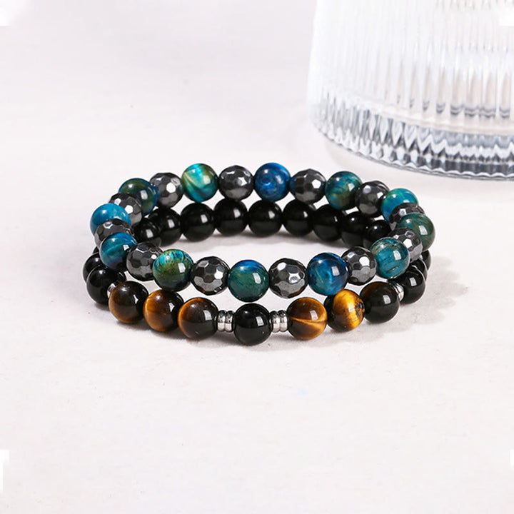 Buddha Stones 2Pcs Hematite Tiger Eye Blue Tiger Eye Powerful Bracelet Set