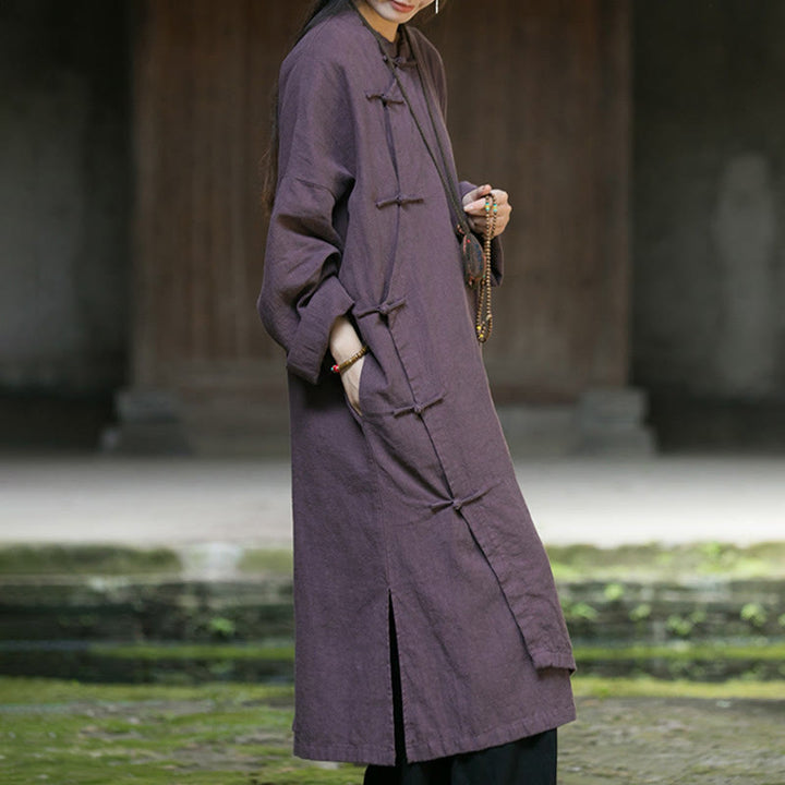 Buddha Stones Solid Color Frog-Button Long Sleeve Ramie Linen Cotton Midi Dress With Pockets