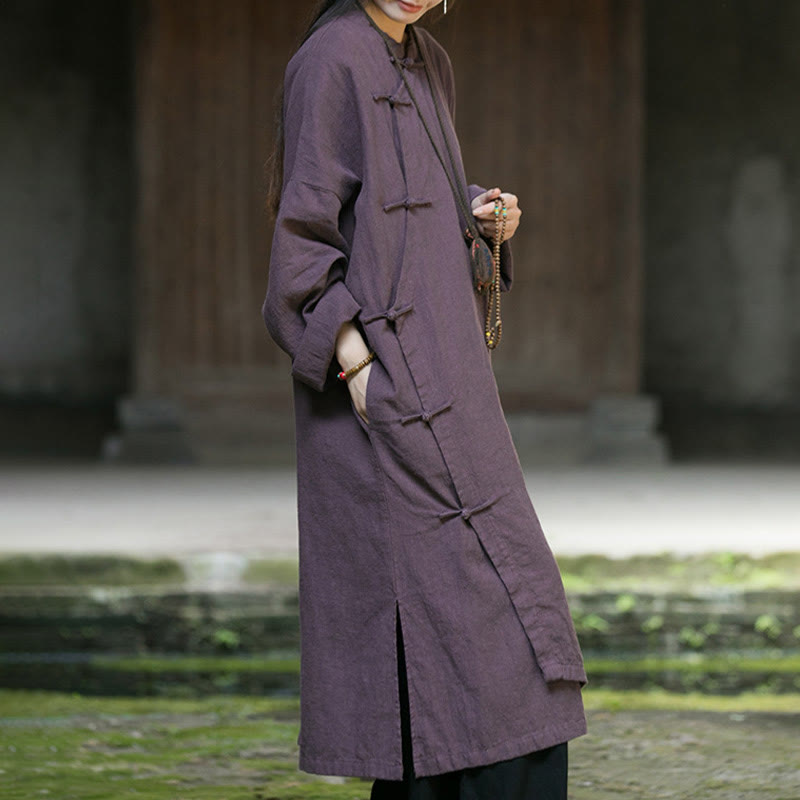 Buddha Stones Solid Color Frog-Button Long Sleeve Ramie Linen Cotton Midi Dress With Pockets - image 21