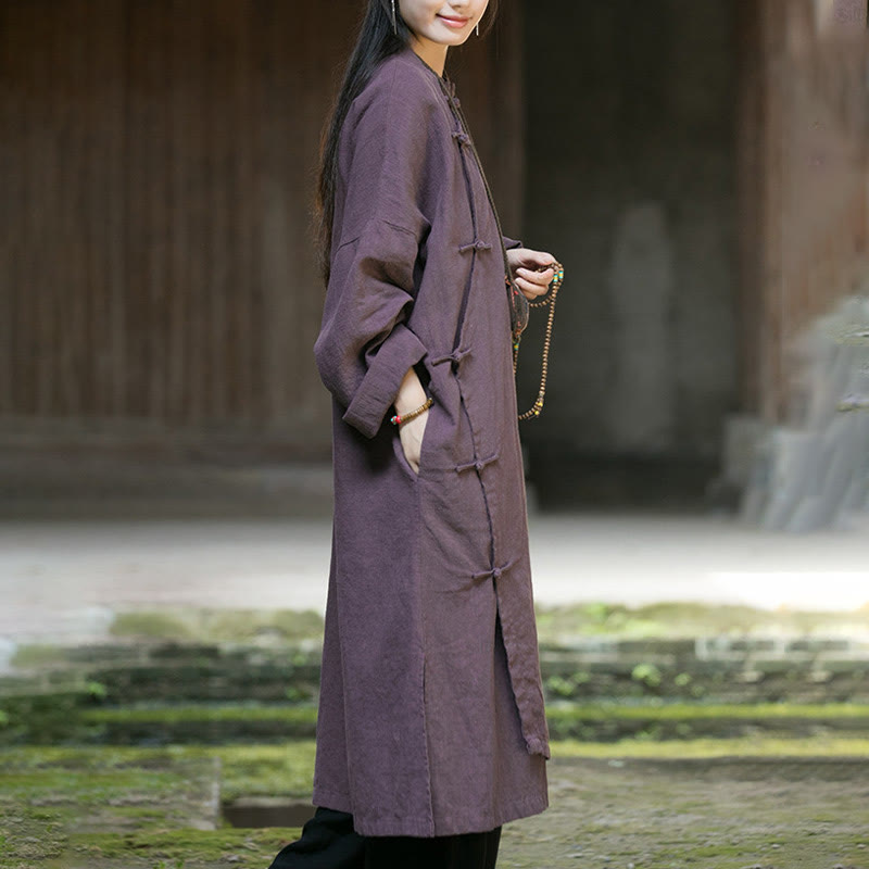 Buddha Stones Solid Color Frog-Button Long Sleeve Ramie Linen Cotton Midi Dress With Pockets