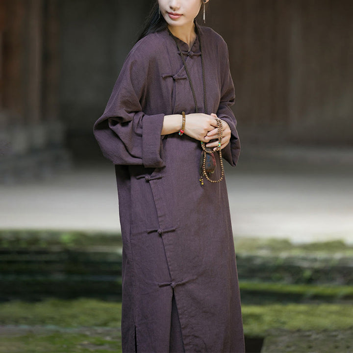 Buddha Stones Solid Color Frog-Button Long Sleeve Ramie Linen Cotton Midi Dress With Pockets - image 23