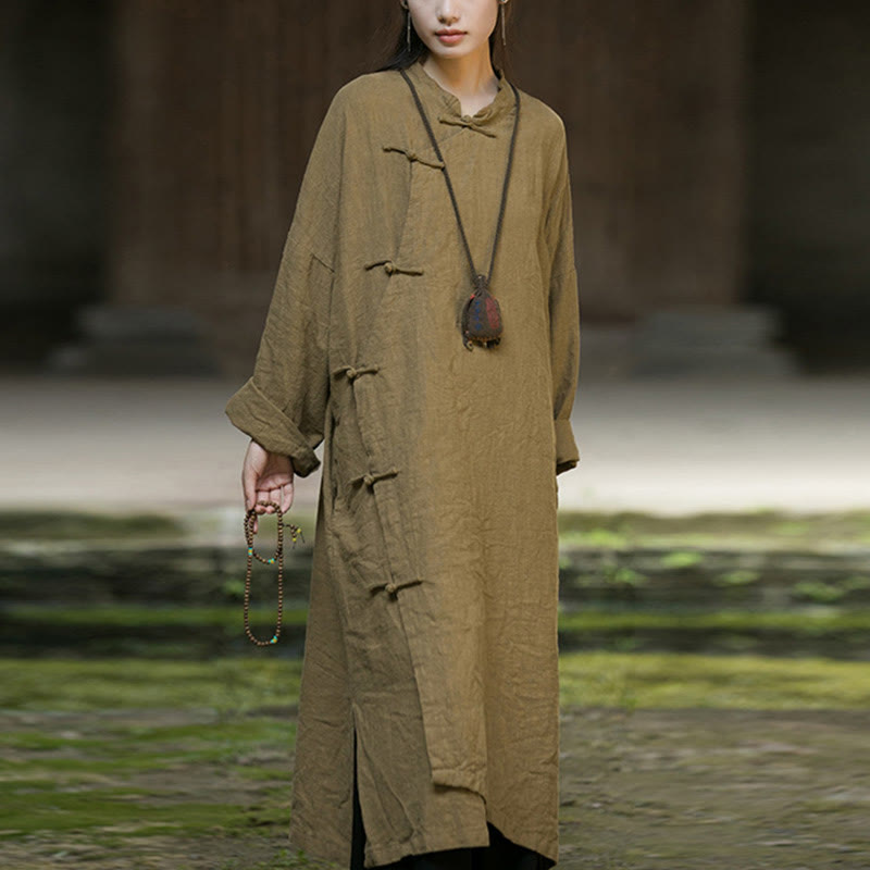 Buddha Stones Solid Color Frog-Button Long Sleeve Ramie Linen Cotton Midi Dress With Pockets - image 3