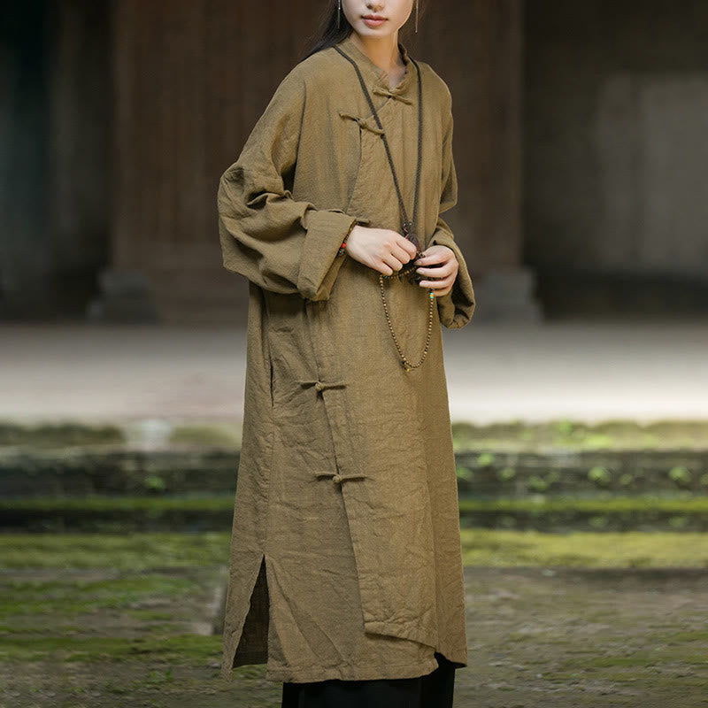 Buddha Stones Solid Color Frog-Button Long Sleeve Ramie Linen Cotton Midi Dress With Pockets - image 2