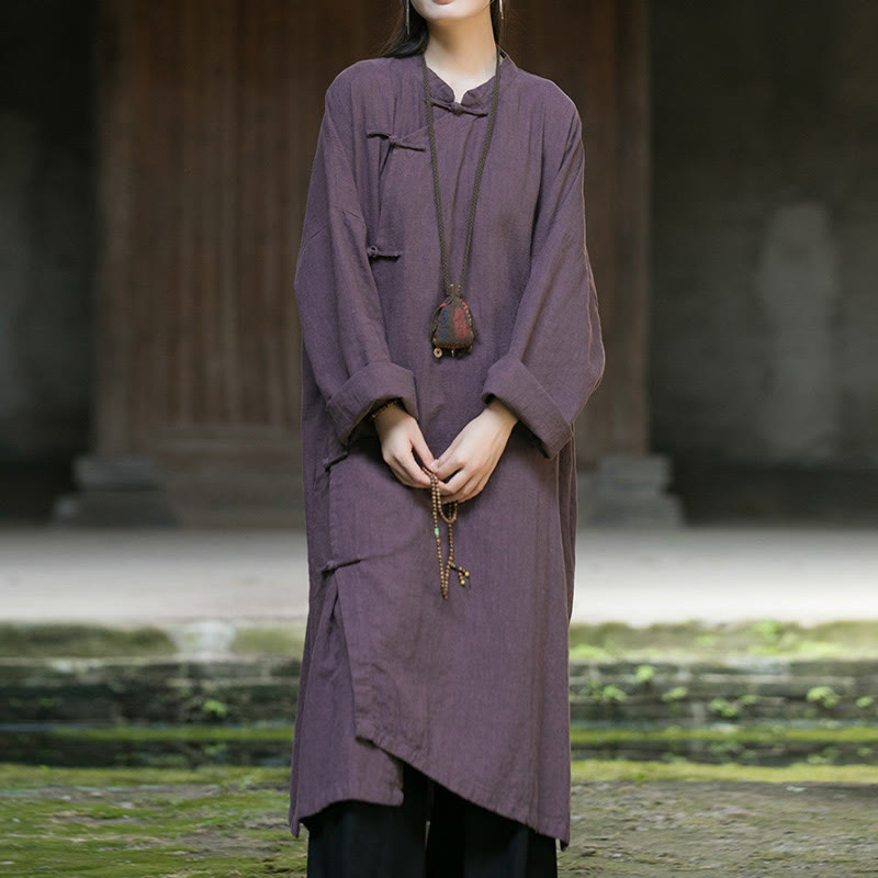 Buddha Stones Solid Color Frog-Button Long Sleeve Ramie Linen Cotton Midi Dress With Pockets