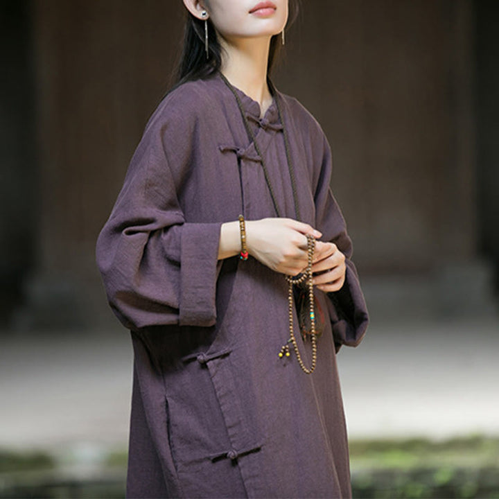 Buddha Stones Solid Color Frog-Button Long Sleeve Ramie Linen Cotton Midi Dress With Pockets