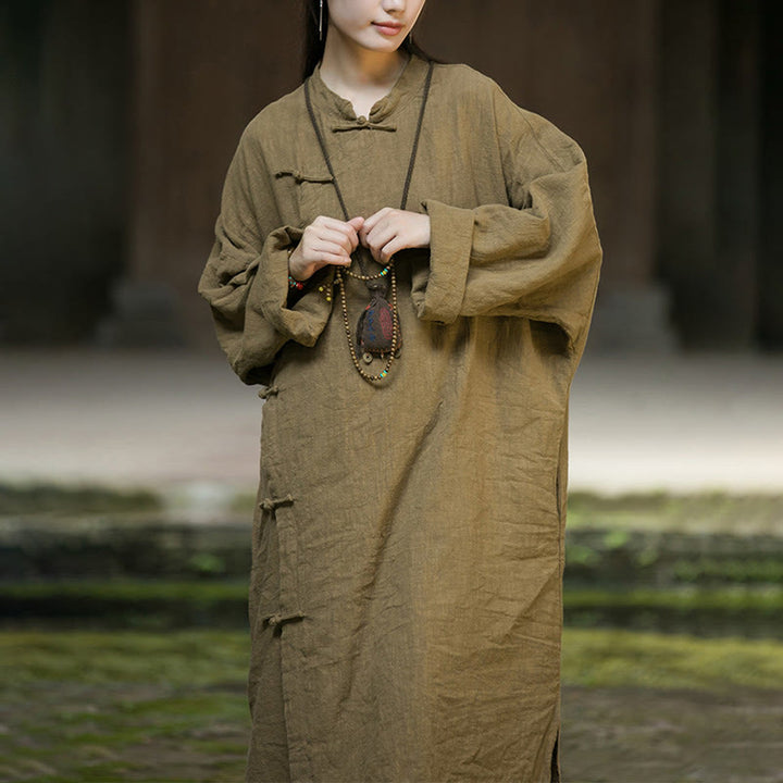 Buddha Stones Solid Color Frog-Button Long Sleeve Ramie Linen Cotton Midi Dress With Pockets