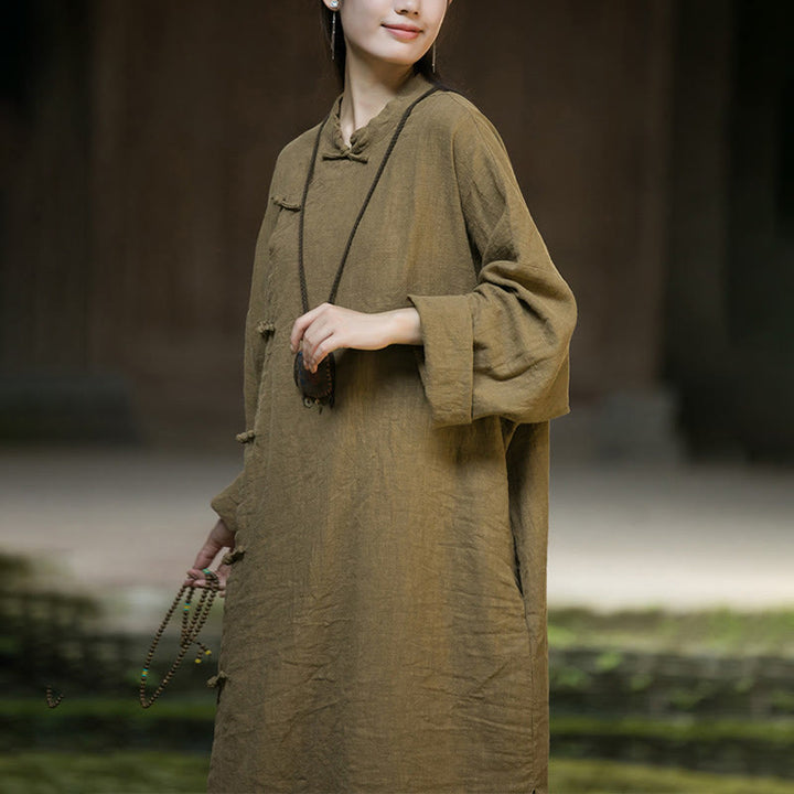 Buddha Stones Solid Color Frog-Button Long Sleeve Ramie Linen Cotton Midi Dress With Pockets