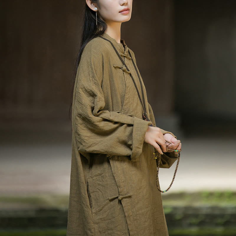 Buddha Stones Solid Color Frog-Button Long Sleeve Ramie Linen Cotton Midi Dress With Pockets - image 14