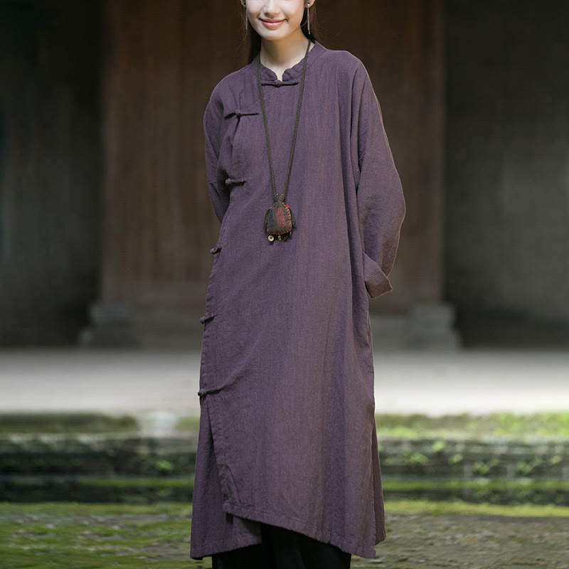 Buddha Stones Solid Color Frog-Button Long Sleeve Ramie Linen Cotton Midi Dress With Pockets