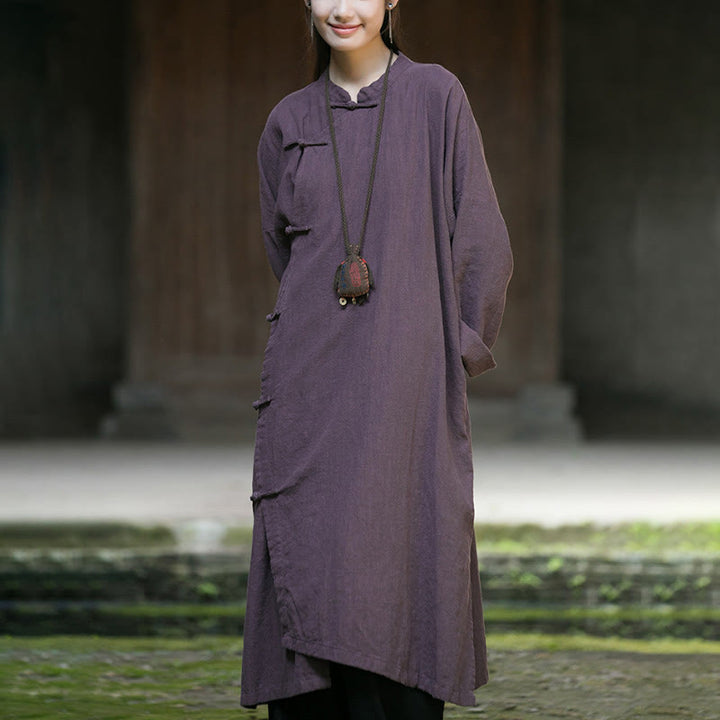 Buddha Stones Solid Color Frog-Button Long Sleeve Ramie Linen Cotton Midi Dress With Pockets