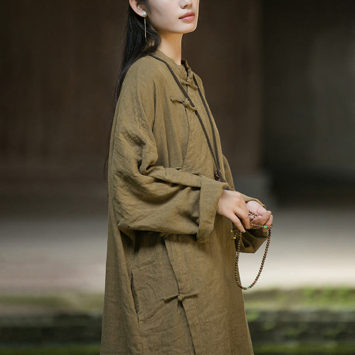 Buddha Stones Solid Color Frog-Button Long Sleeve Ramie Linen Cotton Midi Dress With Pockets