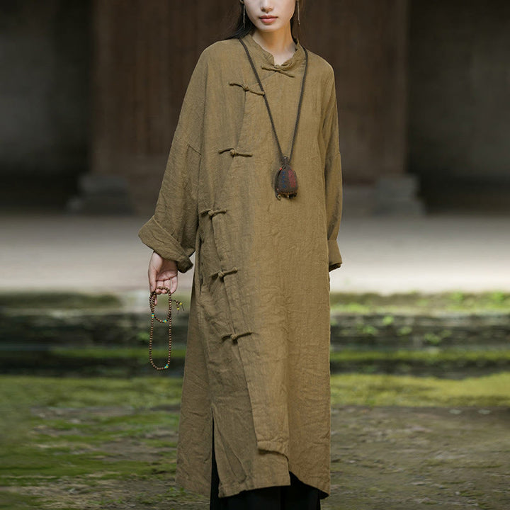 Buddha Stones Solid Color Frog-Button Long Sleeve Ramie Linen Cotton Midi Dress With Pockets - image 10