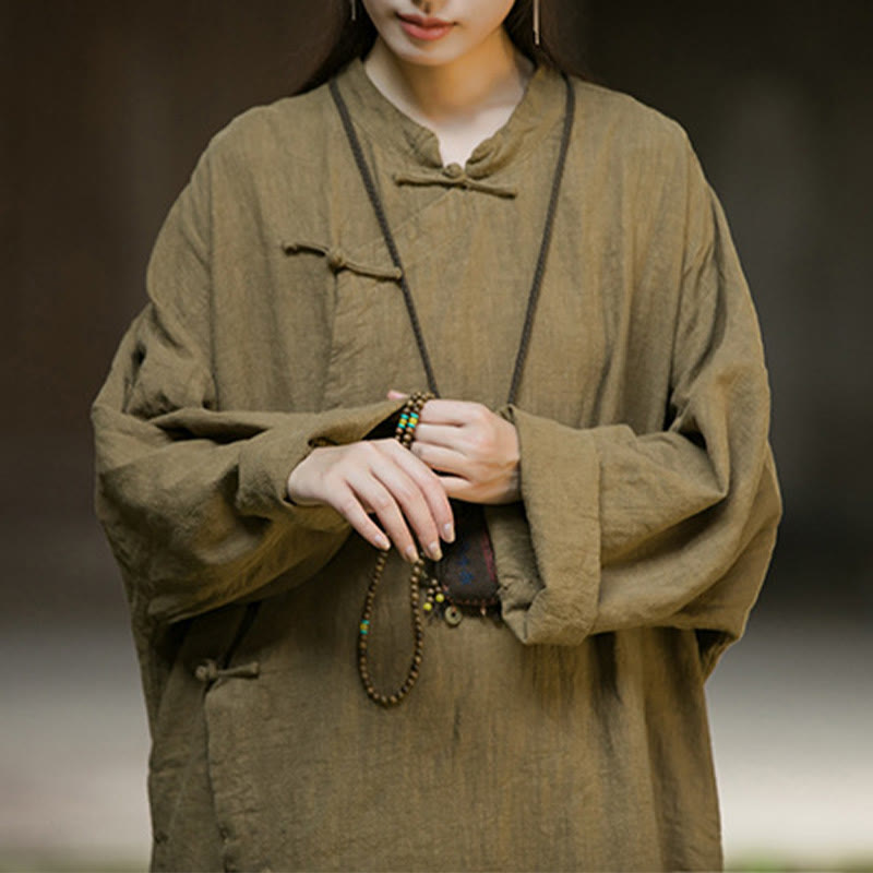 Buddha Stones Solid Color Frog-Button Long Sleeve Ramie Linen Cotton Midi Dress With Pockets - image 13