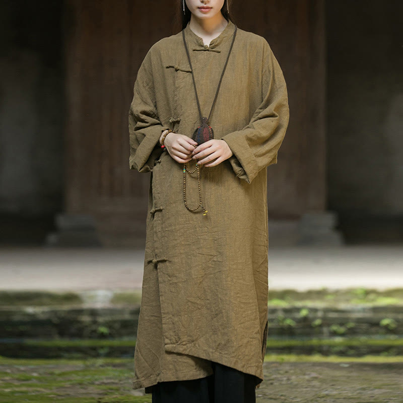 Buddha Stones Solid Color Frog-Button Long Sleeve Ramie Linen Cotton Midi Dress With Pockets - Olive - US4-12，UK/AU8-16，EU36-44 (F) - image 0