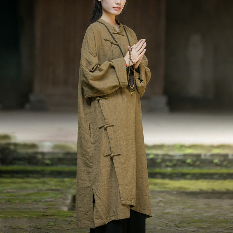 Buddha Stones Solid Color Frog-Button Long Sleeve Ramie Linen Cotton Midi Dress With Pockets