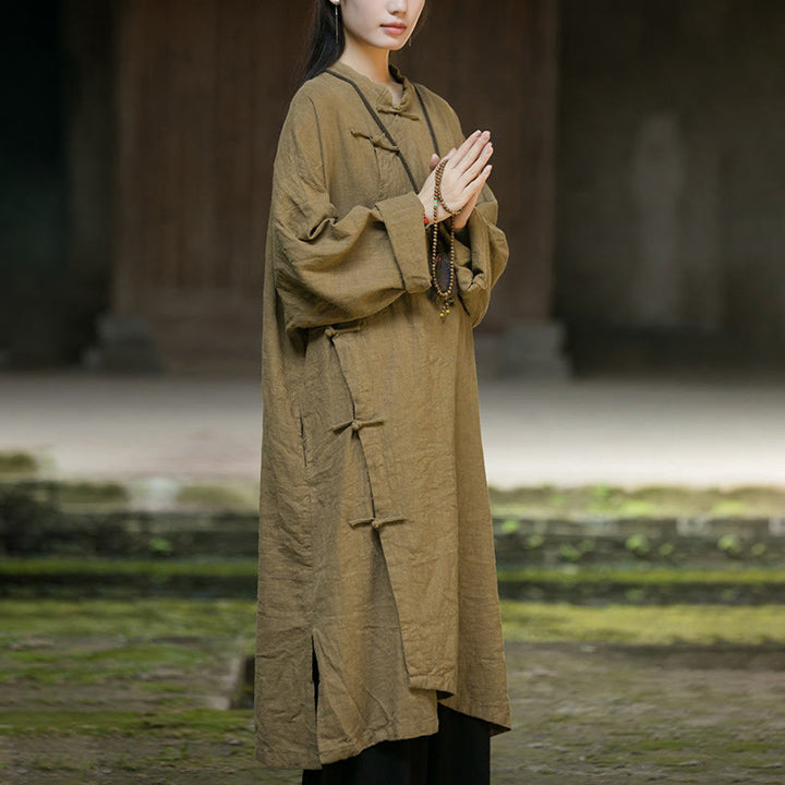 Buddha Stones Solid Color Frog-Button Long Sleeve Ramie Linen Cotton Midi Dress With Pockets - image 7