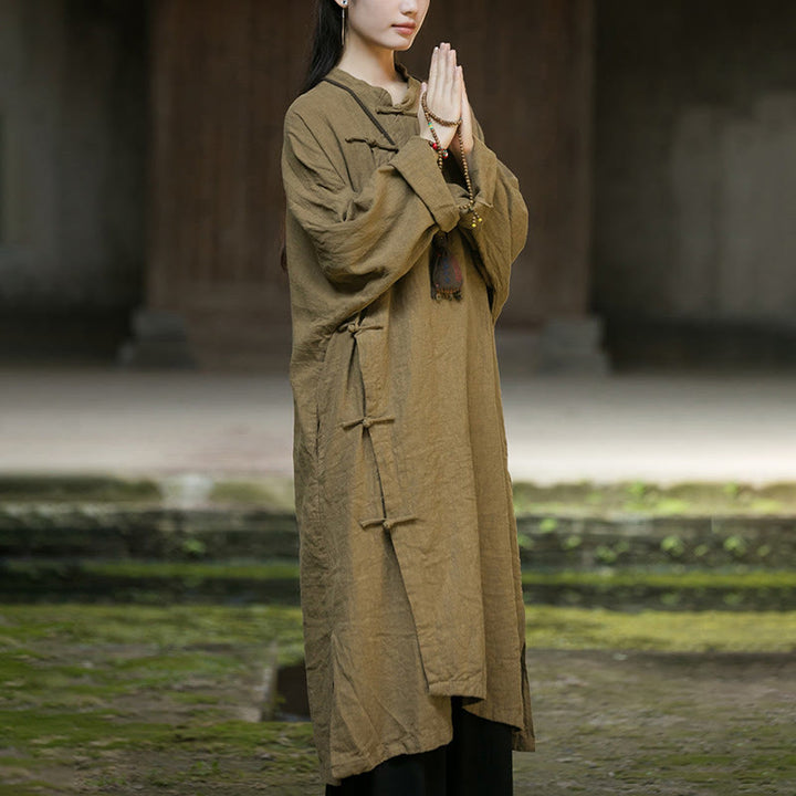 Buddha Stones Solid Color Frog-Button Long Sleeve Ramie Linen Cotton Midi Dress With Pockets - image 8