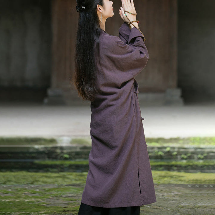 Buddha Stones Solid Color Frog-Button Long Sleeve Ramie Linen Cotton Midi Dress With Pockets - image 19