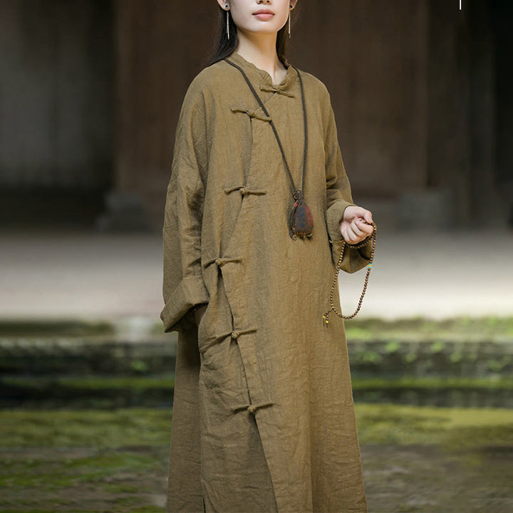 Buddha Stones Solid Color Frog-Button Long Sleeve Ramie Linen Cotton Midi Dress With Pockets - image 6