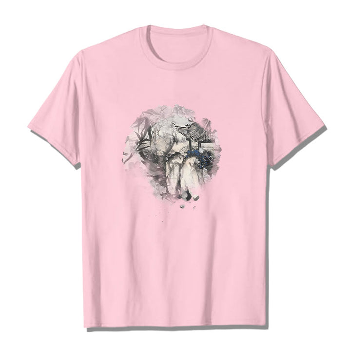 Buddha Stones Chinese Bamboo Mountain Pavilion Design Pattern Tee T-shirt - Light Pink - 2XL - image 14