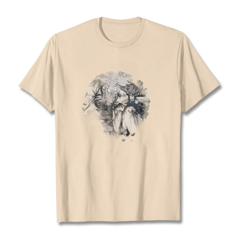 Buddha Stones Chinese Bamboo Mountain Pavilion Design Pattern Tee T-shirt