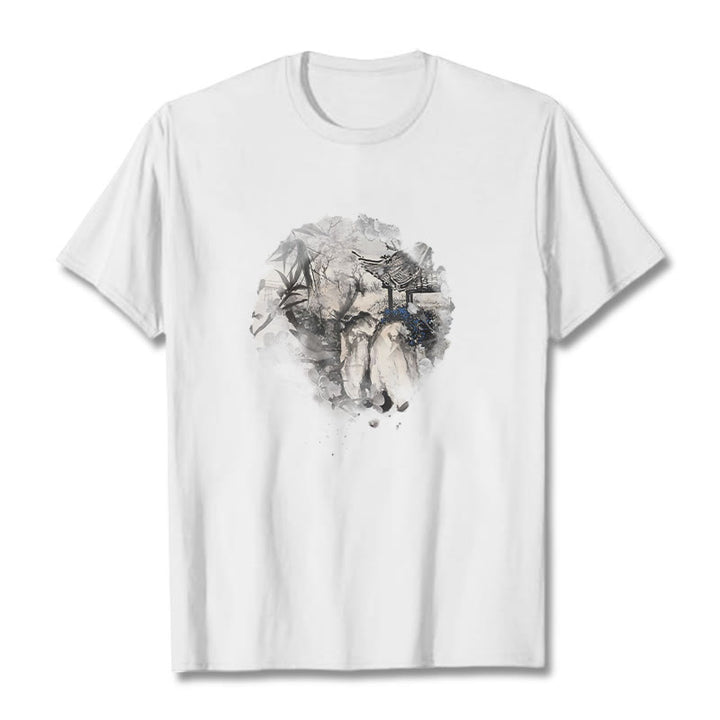 Buddha Stones Chinese Bamboo Mountain Pavilion Design Pattern Tee T-shirt