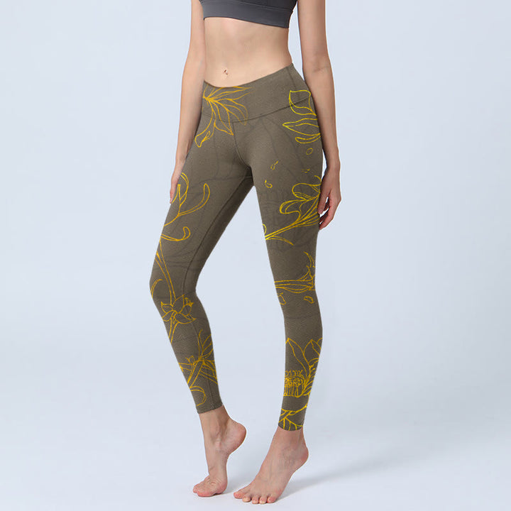 Buddha Stones Yellowish Brown Lotus Flower Lotus Leaf Print Gym Leggings Women's Yoga Pants