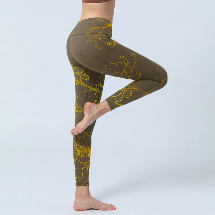 Buddha Stones Yellowish Brown Lotus Flower Lotus Leaf Print Gym Leggings Women's Yoga Pants