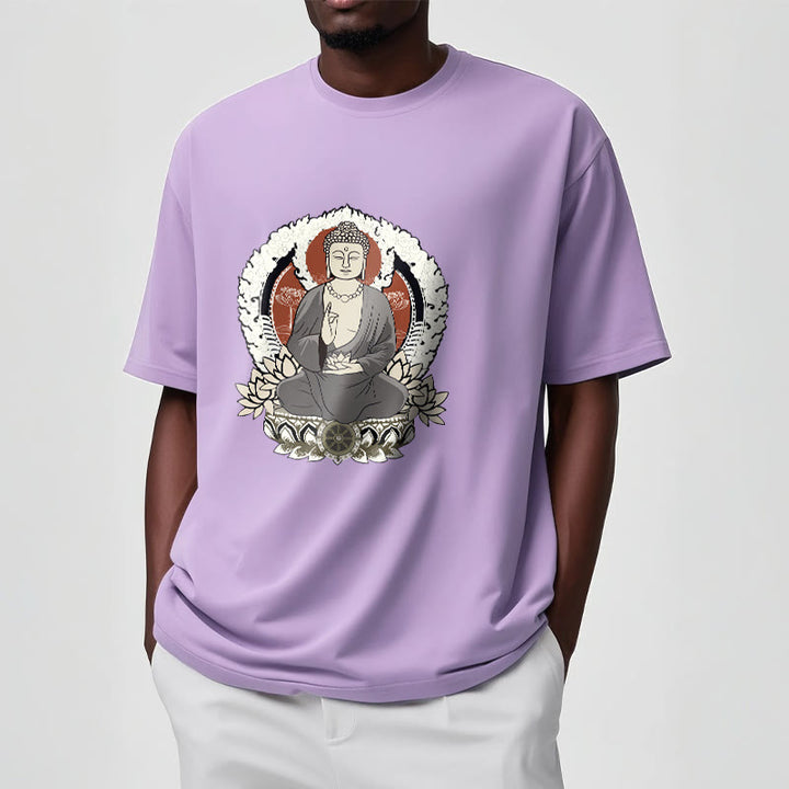 Buddha Stones Meditating Buddha Sitting With Lotus Pattern Tee T-shirt