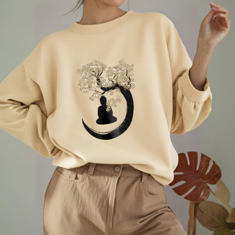 Buddha Stones Buddha Sitting Under The Tree Fleece Lined Polyester Sweatshirt