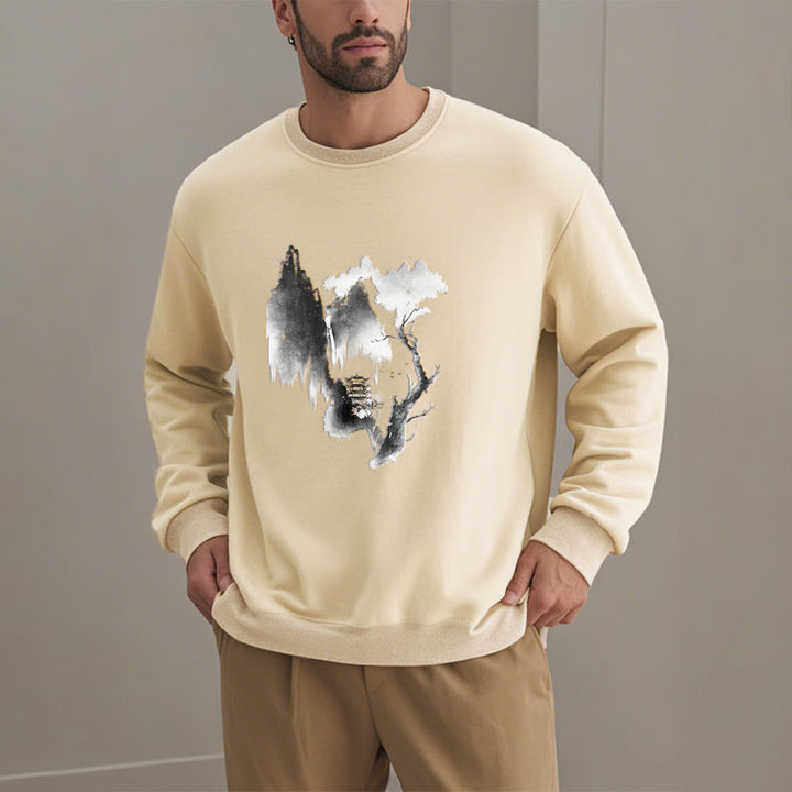 Buddha Stones Pavilion Tree Geese Around The Mountains Fleece Lined Polyester Sweatshirt