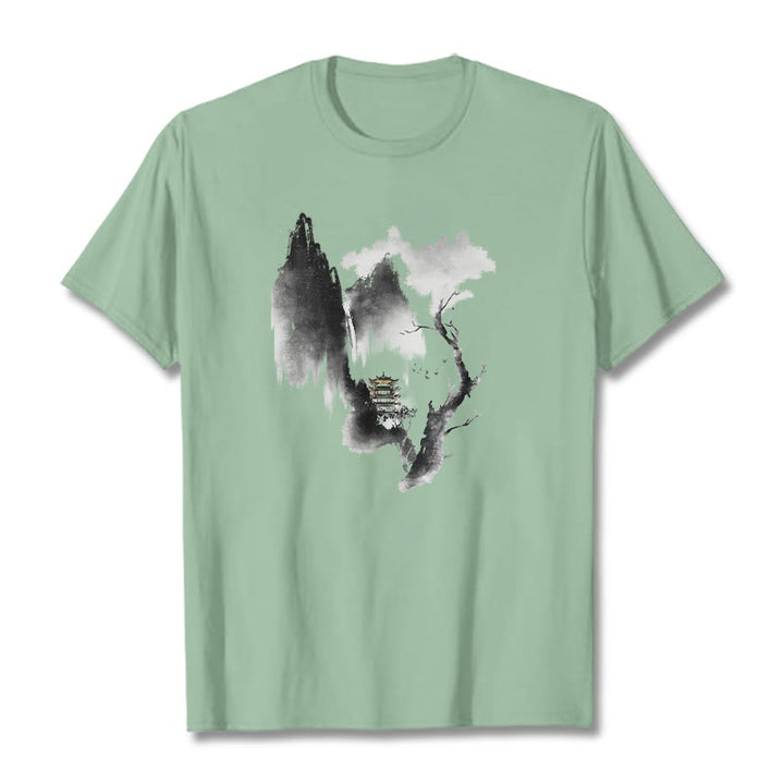 Buddha Stones Pavilion Tree Geese Around The Mountains Pattern Tee T-shirt