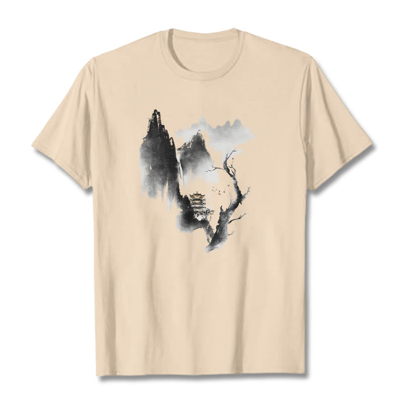 Buddha Stones Pavilion Tree Geese Around The Mountains Pattern Tee T-shirt - Bisque - 2XL - image 9