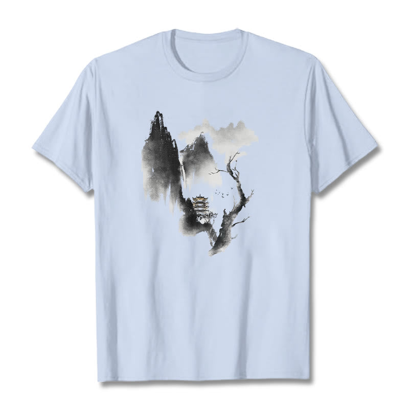 Buddha Stones Pavilion Tree Geese Around The Mountains Pattern Tee T-shirt