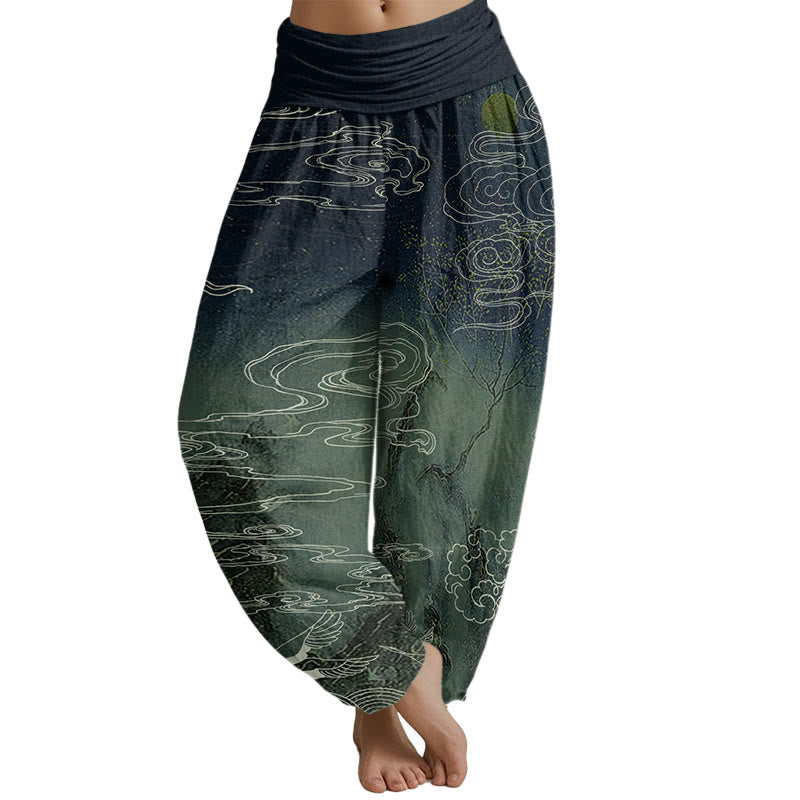 Buddha Stones White Auspicious Clouds Birds Tree Pattern Women's Elastic Waist Harem Pants