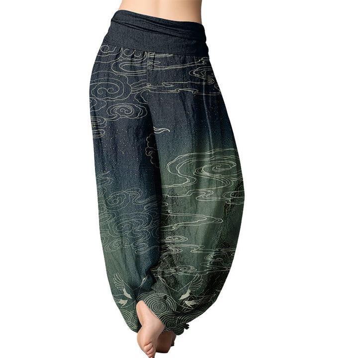 Buddha Stones White Auspicious Clouds Birds Tree Pattern Women's Elastic Waist Harem Pants