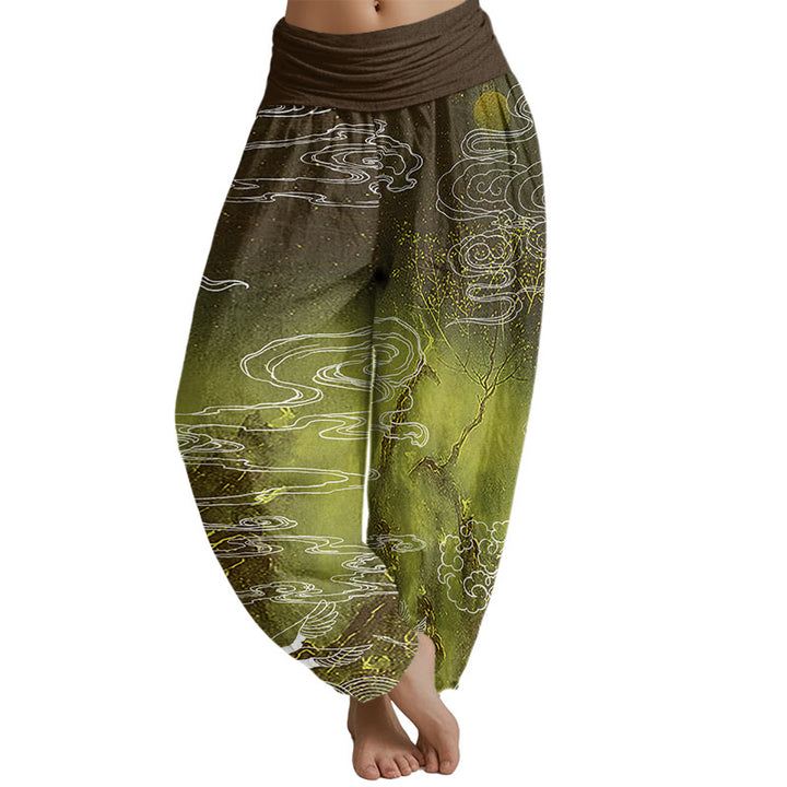 Buddha Stones White Auspicious Clouds Birds Tree Pattern Women's Elastic Waist Harem Pants