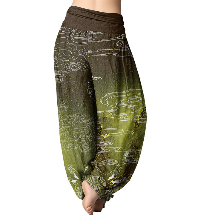 Buddha Stones White Auspicious Clouds Birds Tree Pattern Women's Elastic Waist Harem Pants