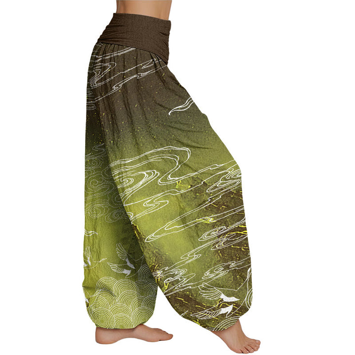 Buddha Stones White Auspicious Clouds Birds Tree Pattern Women's Elastic Waist Harem Pants